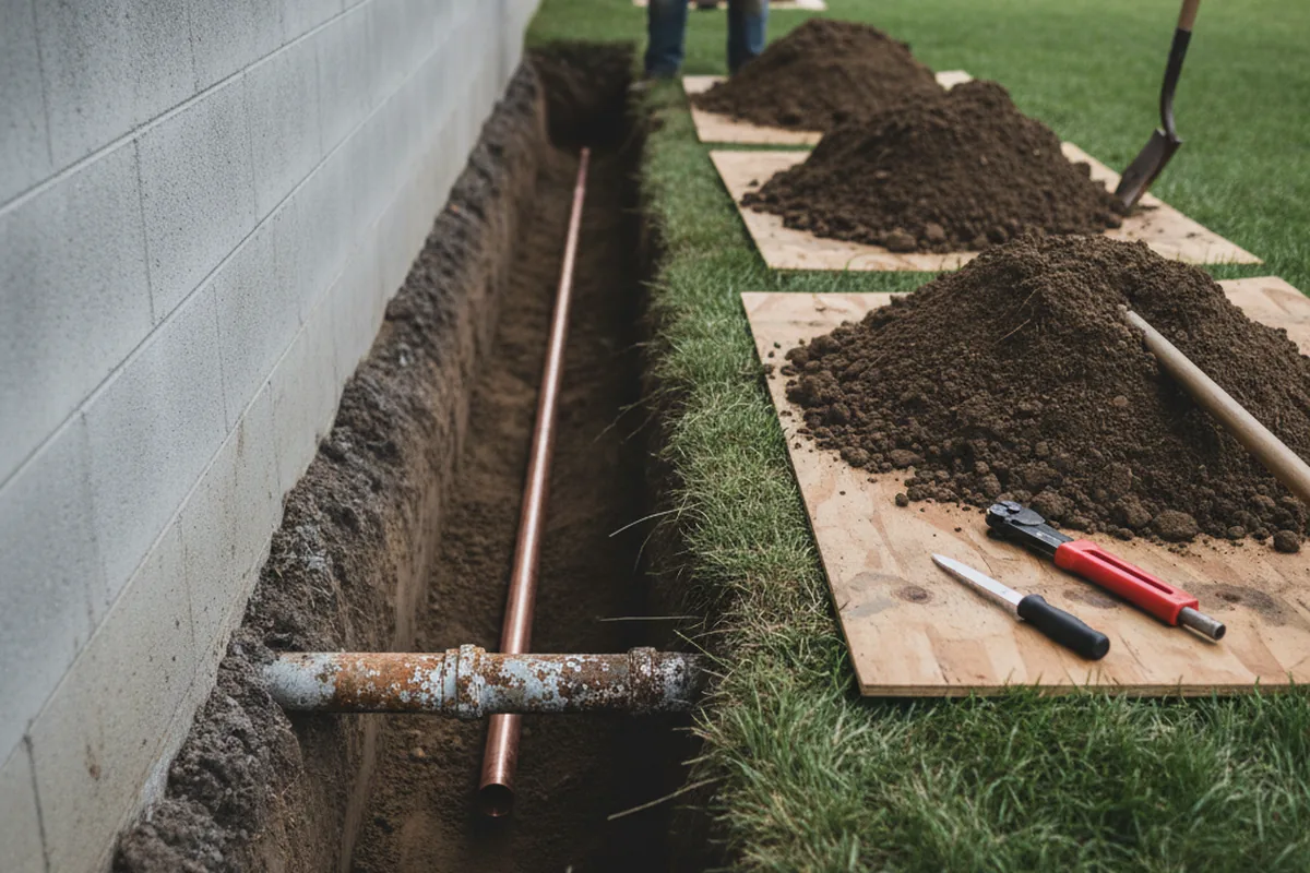 Excavated water line trench during Water Heater Repair in Fairfax